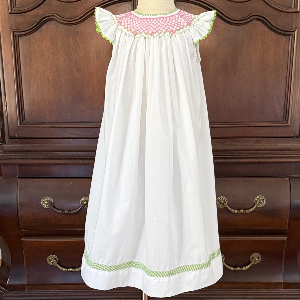 Royal Child Smocked Bishop Dress Girls Size 5 White Pink Heirloom Portrait